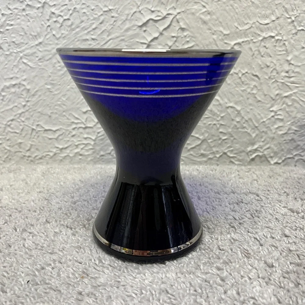 Vintage Set of 2 Cobalt Blue Cocktail‎ Glasses with Silver Platinum Banding MCM